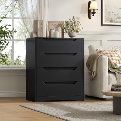 HOSTACK Modern 4 Drawers Dresser, Wood Chest of Drawers with Storage, Black | Black Dresser with Cut-Out Handles, Small Dresser, 4 Drawers Chest, Tall Storage Dresser for Living Room, Apartment, Renter - color: Black