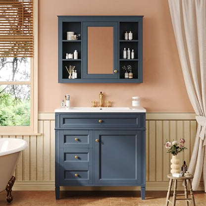 Wall Mounted Medicine Cabinet, Bathroom Storage Cabinet with Mirror Door and 6 Adjustable Open Shelf (7.3" D x 35" W x 27.5" H) (Blue) - color: Blue