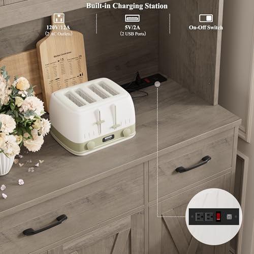 HOSTACK 71" Tall Kitchen Pantry Storage Cabinet, 55" W Kitchen Hutch, Grey | Large Pantry Cabinet with Charging Station / Countertop / 3 Drawers, Farmhouse Hutch Cabinet with Storage for Dining Room - color: Ash Grey