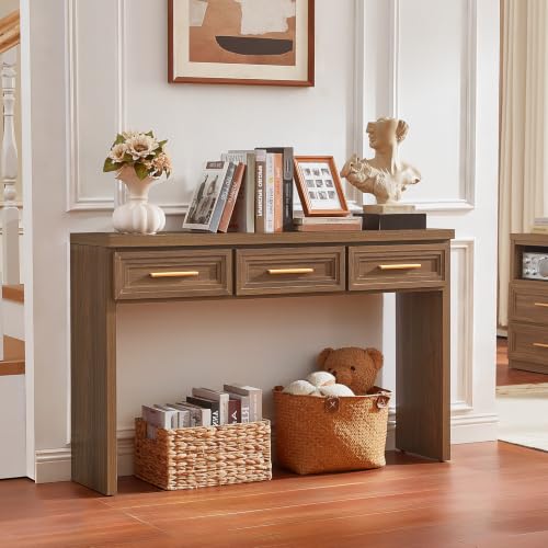 RWYHG 47" Entryway Table with 3 Drawers, Wood Console Table, Light Walnut | Layered Drawer Front Design , Open Bottom Storage, Farmhouse Behind Couch Table, Entry Table for Living Room Hallway& Foyer - color: Light Walnut