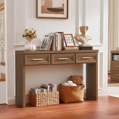 RWYHG 47" Entryway Table with 3 Drawers, Wood Console Table, Light Walnut | Layered Drawer Front Design , Open Bottom Storage, Farmhouse Behind Couch Table, Entry Table for Living Room Hallway& Foyer - color: Light Walnut