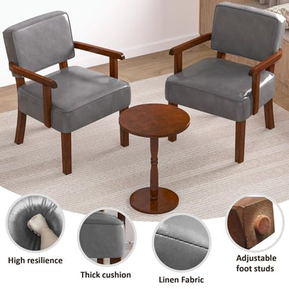 Accent Chairs Set of 2, 2 Solid Wood Armchairs with Side Table | Faux Leather Chair with Soft Thicken Cushion, Comfy Reading Chair for Bedroom, Waiting Room, Home Office, Easy Assembly - color: Faux Leather Gray, size: Set of 2 with table