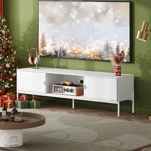 WLIVE 58" TV Stand for 65 Inch TVs, Mid Century Modern Entertainment Center with 2 Storage Cabinets & Open Shelf, Media Console Table with Metal Legs for Living Room, Bedroom, White - color: White