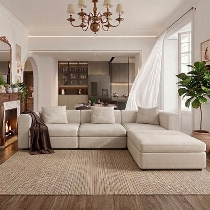 Miuuod Modern Sectional Sofa with 1 Storage Ottoman L Shape Modular Couch 3 Seat Convertible Sectional Couch Deep Seat Living Room High Resilience Cushions for Apartment Home Lounge Beige - color: Beige, style: 4 Seats（3 Seats with 1 Ottomans）