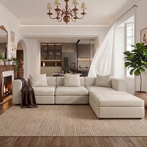 Miuuod Modern Sectional Sofa with 1 Storage Ottoman L Shape Modular Couch 3 Seat Convertible Sectional Couch Deep Seat Living Room High Resilience Cushions for Apartment Home Lounge Beige - color: Beige, style: 4 Seats（3 Seats with 1 Ottomans）