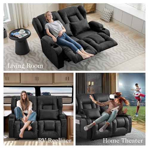 Loveseat Recliner Sofa,RV Wall Hugger Recliners for Small Spaces,Reclining Loveseat Sofa Recliner with Cup Holders/Lumbar Pillows,RV Furniture (Black, 56" 2-Seater) - color: Black, size: 56" 2-Seater
