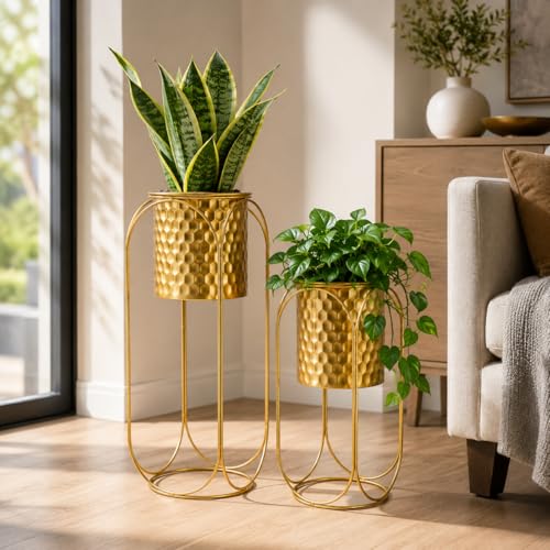 TRIROCKS Set of 2 Planters with Stand Large Gold Planter for Indoor Plants 26 &18" H Morden Plant Pot for Living Room Corner Kitchen Office Garden Balcony Patio Decor(Gold) - color: Gold 2
