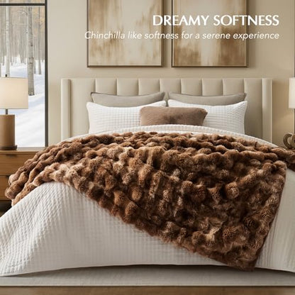 Faux Rabbit Fur Bubble Throw Blanket, 60"x80", Lion Caramel | Ultra Soft, Luxury Faux Rabbit Fur Throw, Thick Warm Bubble Blanket, Cozy Fluffy Reversible, for Bed, Couch, Chair, Sofa - color: Marble Caramel Brown, size: 60"x80"