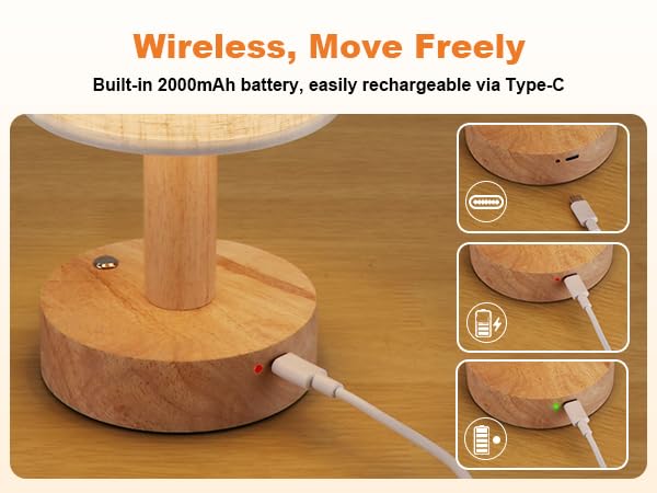 Rechargeable Cordless Table Lamp,Touch Control&Stepless Dimming,Wireless Bedside Ambient Night Light with Wood Base&Linen Shade,Portable Battery Lamp for Bedroom,Nightstand,Nursery,Camping,Outdoor
