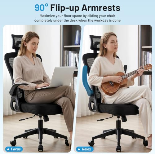 Office Chair Ergonomic Desk Chair with Adjustable Headrest Lumbar Support, High Back Breathable Mesh Chair with 120° Tilt & Flip-Up Armrests, Swivel Comfy Task Computer Chair for Work, Study - color: Black