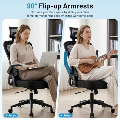 Office Chair Ergonomic Desk Chair with Adjustable Headrest Lumbar Support, High Back Breathable Mesh Chair with 120° Tilt & Flip-Up Armrests, Swivel Comfy Task Computer Chair for Work, Study - color: Black