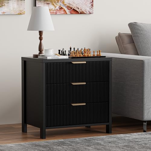 Fluted Nightstand, 23.7'' Wide Night Stand with 3 Drawers, Mid-Century Modern Bedside Table with Handles, Wood End Table for Bedroom, Black - color: Black