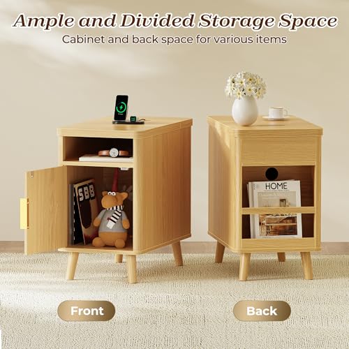 Huuger Narrow End Table with Charging Station, USB-C Port | Fluted Nightstand with Storage Cabinet, Back Rack, Farmhouse Side Table for Small Spaces, Night Stand, Walnut - color: Natural Wood