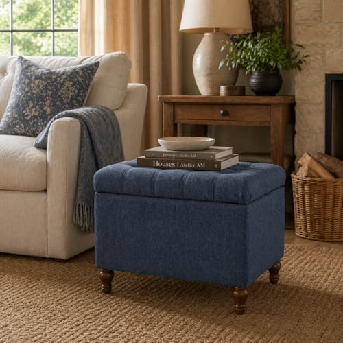 Spatial Order 24" Button Tufted Storage Ottoman - Blue Woven Fabric - color: Blue Woven Fabric
