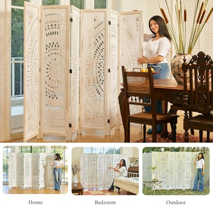 Svimi Room Divider Wood Carved Wall Divider Indoor Folding Bohemian Style Portable Partition Screen for Home Office Garden Terrace - 6 Panels (Antique, White-Washed)