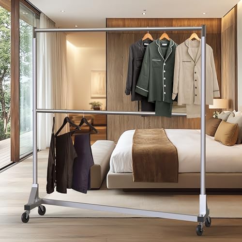 Simple Houseware Commercial Grade Z-Base Double Rod Garment Rack, Silver | 600Lb Load with 63" Extra Long Bar, Adjustable Middle Bar