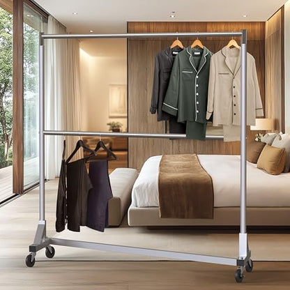 Simple Houseware Commercial Grade Z-Base Double Rod Garment Rack, Silver | 600Lb Load with 63" Extra Long Bar, Adjustable Middle Bar