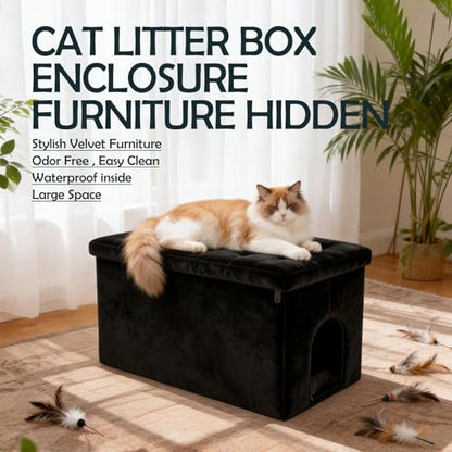 MEEXPAWS Cat Litter Box Enclosure Furniture XL Velvet Lift Design Lid | Large Hidden Cat Washroom Bench Ottoman, Storage Cabinet Dog Proof,Urine Proof, Easy Clean, Quick Assembly,Black - color: Black, size: XL 25.6''x W17.7'' x H17.7''