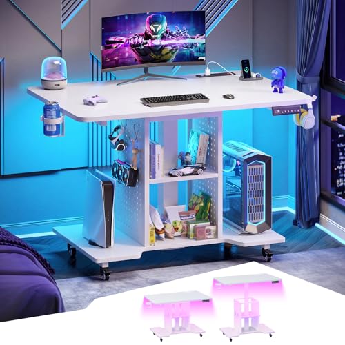 SEDETA Small Standing Gaming Desk, 31.5" Rolling Computer PC Desk Electric Height Adjustable with Power Outlet, Pegboard & Storage Shelves, RGB LED Light, for Small Spaces/Bedroom/Gaming, White - color: White