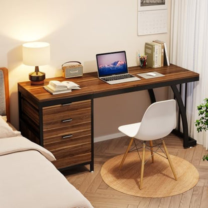 Tribesigns Computer Desk with 3 Drawers, 59-Inch PC Desk with Reversible Drawers, Industrial Study Writing Table Workstation with File Storage for Home Office, Walnut - color: Walnut