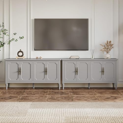 RoyalCraft 118" Buffet Cabinet with Storage, Vintage Sideboard with Adjustable Shelves, Mid Century Modern Painted Credenza Coffee Bar for Kitchen, Dining Room, Entryway, Living Room, Dove Gray - color: Dove Gray, size: 2 Pieces