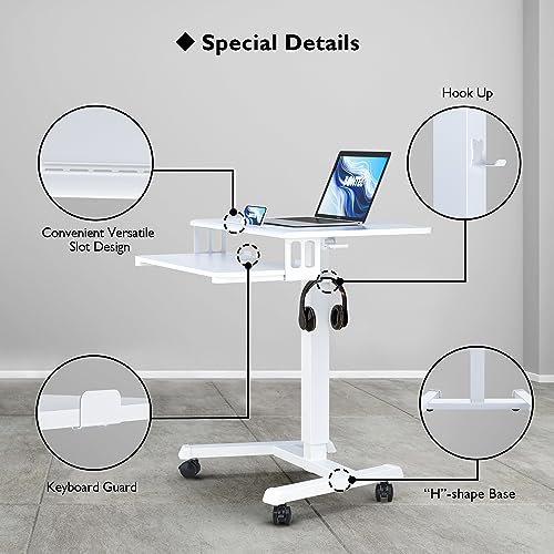 BONTEC Mobile Standing Desk with Keyboard Tray, Mobile Podium on Wheels | Rolling Laptop Sit Stand Desk, Adjustable Height Desk Up to 33lbs, Portable Computer Workstation Cart for Living Room, White - color: White