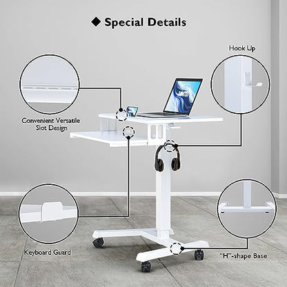 BONTEC Mobile Standing Desk with Keyboard Tray, Mobile Podium on Wheels | Rolling Laptop Sit Stand Desk, Adjustable Height Desk Up to 33lbs, Portable Computer Workstation Cart for Living Room, White - color: White