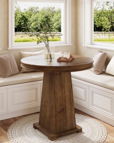 LITTLE TREE Solid Wood Round Dining Table, 31.5" Small Kitchen Table for 2, Modern Farmhouse Dinner Table for Dining Room, Kitchen, Living Room, Artistic Geometric Base, Table Only (Warm Walnut Brown) - color: Warm Walnut Brown