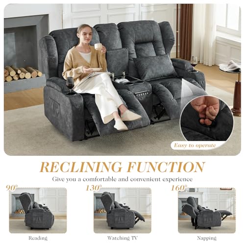 Loveseat Recliner Sofa,RV Wall Hugger Recliners with Console,Reclining Loveseat Sofa Recliner with Cup Holders/Lumbar Pillows for Small Spaces,RV Furniture (Gray,66" 2-Seater) - color: Grey, size: 66" 2-Seater
