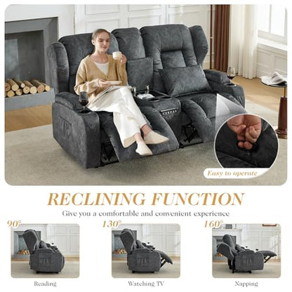 Loveseat Recliner Sofa,RV Wall Hugger Recliners with Console,Reclining Loveseat Sofa Recliner with Cup Holders/Lumbar Pillows for Small Spaces,RV Furniture (Gray,66" 2-Seater) - color: Grey, size: 66" 2-Seater