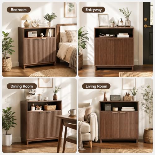 Buffet Cabinet with Storage, 31.5" Wide Kitchen Sideboard, Walnut | Mid Century Modern Wood Fluted Cabinet with Doors& Adjustable Shelves for Entryway Living Room Hallway Coffee Bar Dining Room - color: Walnut