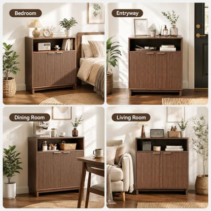 Buffet Cabinet with Storage, 31.5" Wide Kitchen Sideboard, Walnut | Mid Century Modern Wood Fluted Cabinet with Doors& Adjustable Shelves for Entryway Living Room Hallway Coffee Bar Dining Room - color: Walnut