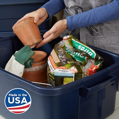Rubbermaid Roughneck Tote 10 Gal, 8 Pack, Made in USA, Dark Indigo Metallic, Rugged Plastic Stackable Storage Bins with Lids and Handles - size: 10 Gal - 8 Pack