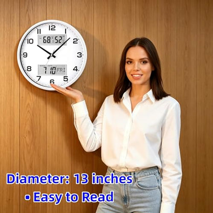 13" White Battery Powered Silent Wall Clock with Calendar Temperature and Humidity H-7326 - color: White