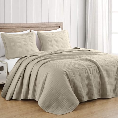 Chezmoi Collection Kingston Queen Size Bedspread Set, 3-Piece Khaki Oversized Quilted Microfiber Lightweight Bedspread Coverlet (100"x106") for All Seasons - color: Khaki, size: Queen