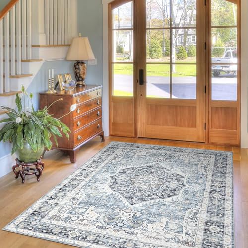 Area Rug 4×6, Vintage Boho Rug,Ultra-Soft Low Pile, Washable, Non Slip,Stain Resistant Printed Carpet for Living Room Bedrooms Playroom Office Kitchen, Light Blue - color: Light Blue, size: 4' x 6' (Rectangular)