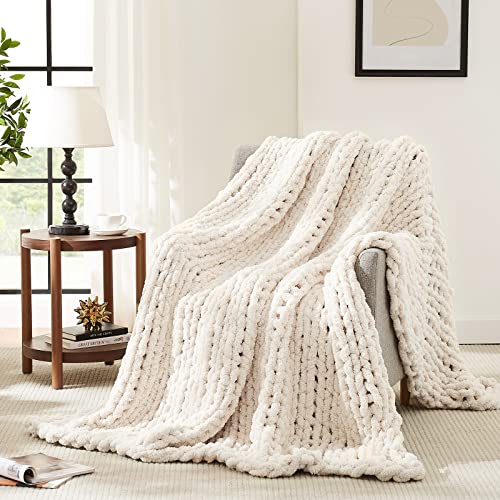 L'AGRATY Chunky Knit Throw Blanket for Couch, 60'' x 80'' Knit Throw, Ivory | Handmade Chenille Crochet Blanket for Sofa Bed, Thick Cable Knitted Blankets for Room Home Decor, Birthday Gift for Women Mom - color: Ivory, size: 60"x80"