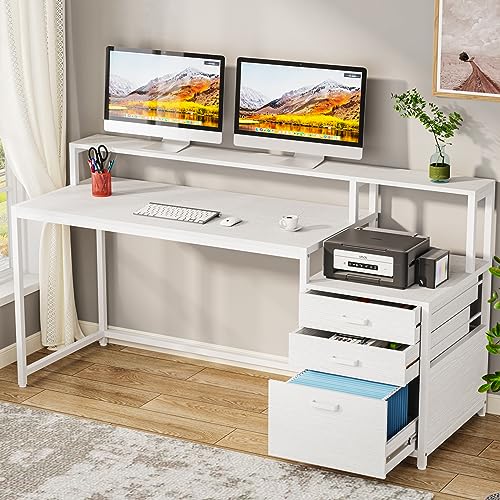 Tribesigns 63 Inch Computer Desk with File Drawer Cabinet, Ergonomic Desk | Office Desk with Monitor Stand, Computer Table with Printer Space, Wood PC Table Workstation Desk for Home Office, White - color: White
