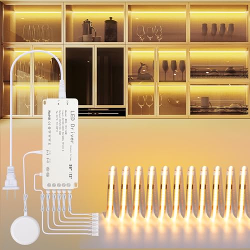 JUSJUBR LED Shelf Lights, 16.4ft 12V Dimmable Cuttable COB LED Strip Lights, Warm White 3000K, Under Shelf Lighting for Bookshelf, Display Cabinet, Closet, Kitchen and Pantry - color: Warm White 3000K, size: 1*16.4ft 12V COB Light