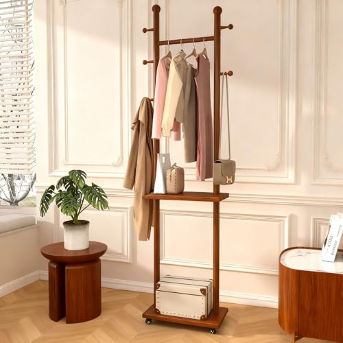 Coat Rack Freestanding Solid Wood Clothing Rack with Wheels & 2 Storage Shelves & 5 Hooks,Rotary Heavy Duty Wood Coat Tree Stand Hat Hanger Rack for Entryway Bedroom Living Room Corner(Walnut) - color: Walnut, size: S(L: 15.7" x W: 11.8" x H: 69")
