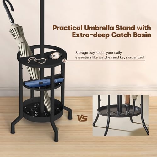 Coat Rack with Umbrella Holder, Coat Rack Freestanding, Metal Coat Tree with 12 Hooks, Modern Coat Hanger Stand for Entryway Living Room Bedroom Office