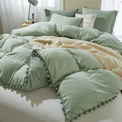 ETDIFFE Sage Green Boho Duvet Cover Set Queen Size, 3 Piece, 90x90 Inch | Bohemian Pompom Microfiber Bed Comforter Cover Set, Farmhouse Soft & Lightweight Bedding Quilt Cover - color: Sage Green, size: Queen (No Comforter)