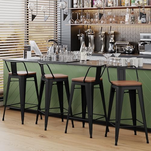 Yongchuang 26" Metal Barstools Set of 2 Counter Bar Stools with Wood Top Low Back Matte Black - color: Black, size: 26" Set of 2