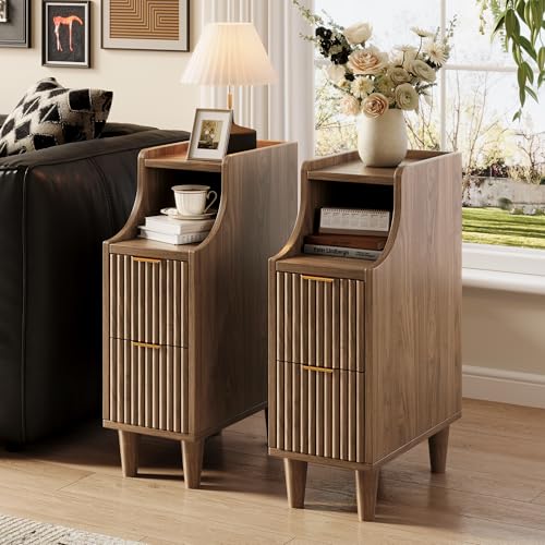 Fluted Nightstands Set of 2,Narrow Bedside Table with 2 Drawers & Storage, Farmhouse Walnut End Table Modern Side Table for Bedroom Livingroom Sofa Office - color: Walnut,7.9" With 2 Drawers