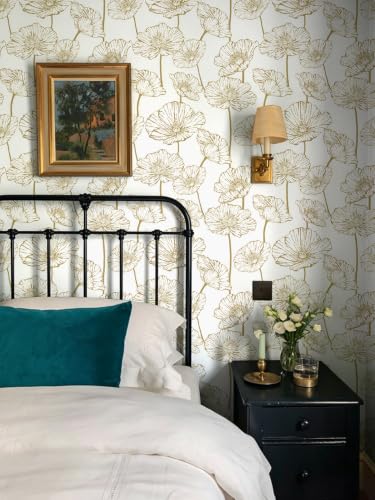 Floral Peel and Stick Wallpaper Self Adhesive Contact Paper | 17.3inx196.8in Gold and Beige Wallpaper Removable Decorative Wallpapers for Bedroom Bathroom Cabinets Decor Vinyl - color: Gold and Beige, size: 17.3" x 196.8"