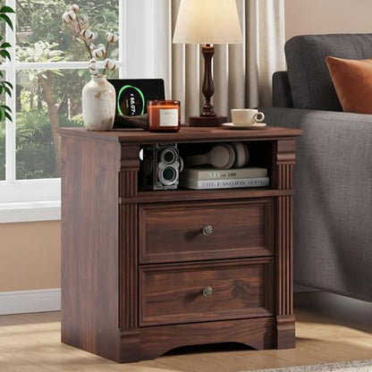 Walnut Nightstand with Charging Station, Farmhouse Bedside Table, End Table with 2 Drawers and Chic Wood Pilasters Design, Wood Side Table with Metal Handles for Bedroom, Living Room - color: Walnut, size: 15.7"D x 22"W x 23.6"H (2 Drawers)
