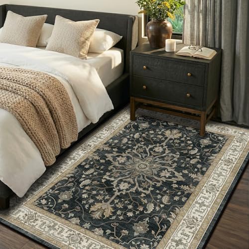 RELEANY Washable Vacuum-Friendly Area Rugs 4'x6' Black/Vintage | Low Pile Stain-Resistant, Soft Non-Slip, Floral Vintage Distress Print Pattern Medallion, for Living Room Bedroom Hallway - color: Black/Vintage, size: 4' x 6' (Rectangular)