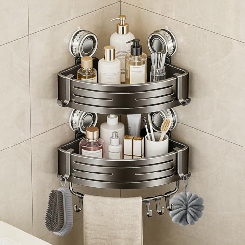 Suction Cup Corner Shower Caddy, No Drill, 2 Tier, Gray | Aluminum, With Hooks, Floating Rack for Inside, Bathroom Wall Shelf Organizer - style: Suction Cup Corner Shower Caddy ,2 Tier ,Gray