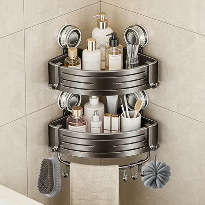 Suction Cup Corner Shower Caddy, No Drill, 2 Tier, Gray | Aluminum, With Hooks, Floating Rack for Inside, Bathroom Wall Shelf Organizer - style: Suction Cup Corner Shower Caddy ,2 Tier ,Gray