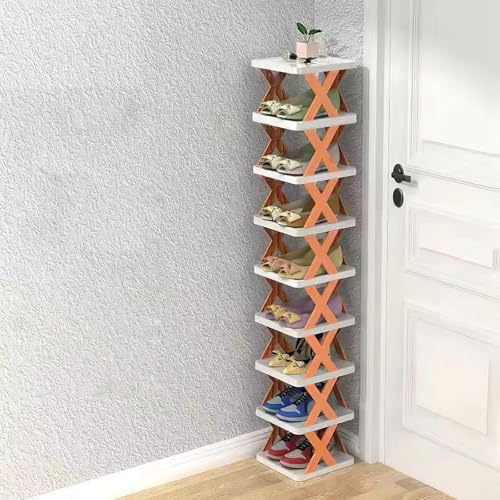 9Tier Narrow Entryway Shoe Rack Plastic Vertical Shoe Organizer Space Saving Free Standing Shoes Storage Shelf Closet Hallway - color: Orange